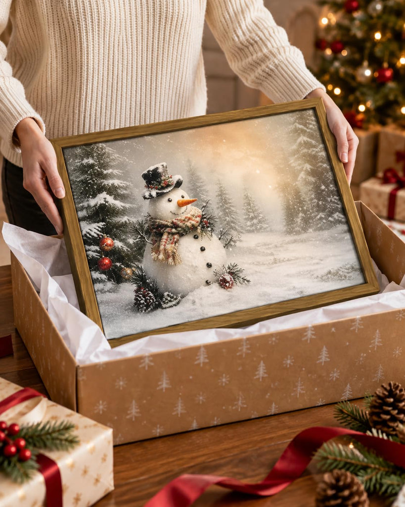 Vintage Christmas Wall Art 16x24 inch, Wood Framed Cute Snowman Canvas Wall Decor Painting, Rustic Winter Scene