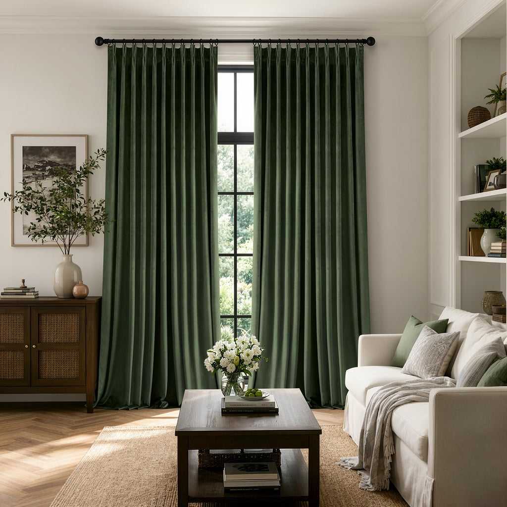 Velvet Pinch Pleated Extra Wide Olive Green Blackout Curtains 70x84
