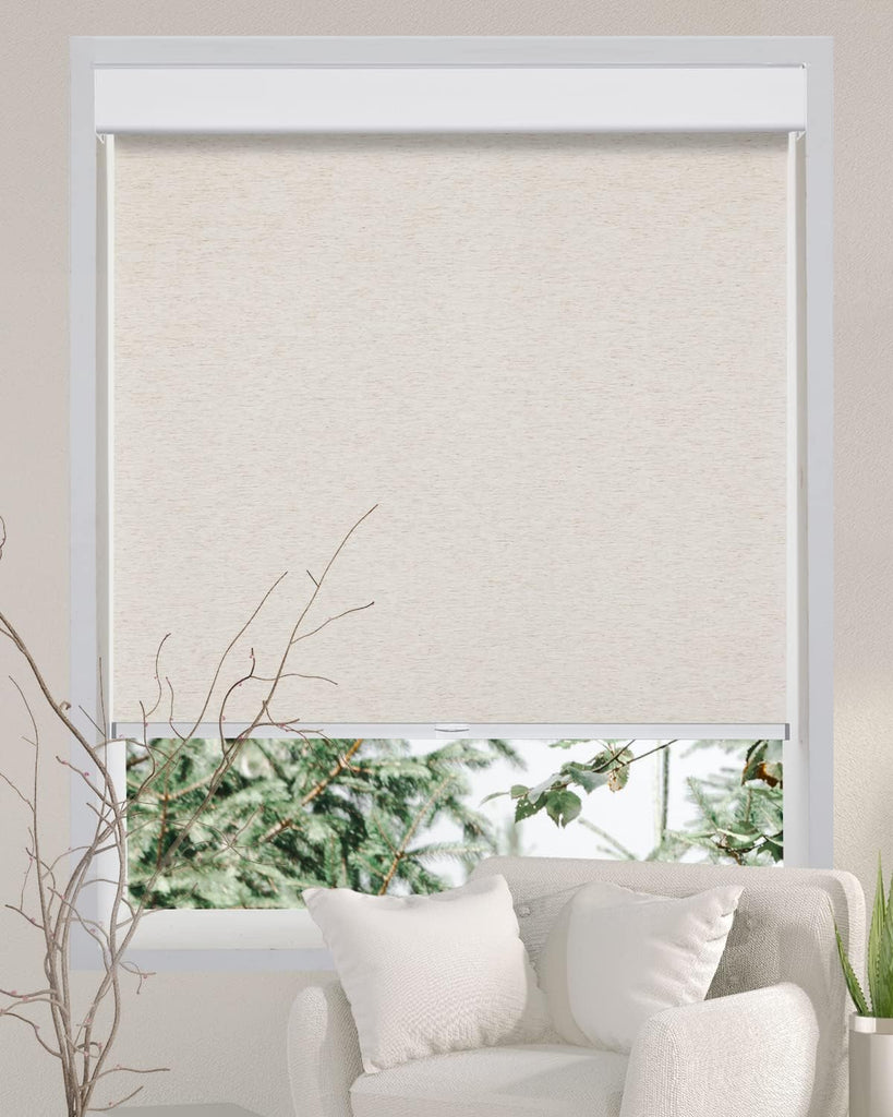 Free-Stop Cordless Roller Shades for Windows (Cream 22"W x 72"H) Natural Woven Fabric Light Filtering Roller Blinds