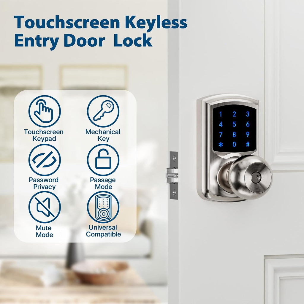 Keyless Entry Door Knob Electronic Digital Keypad Lock Satin Nickel 1Pack