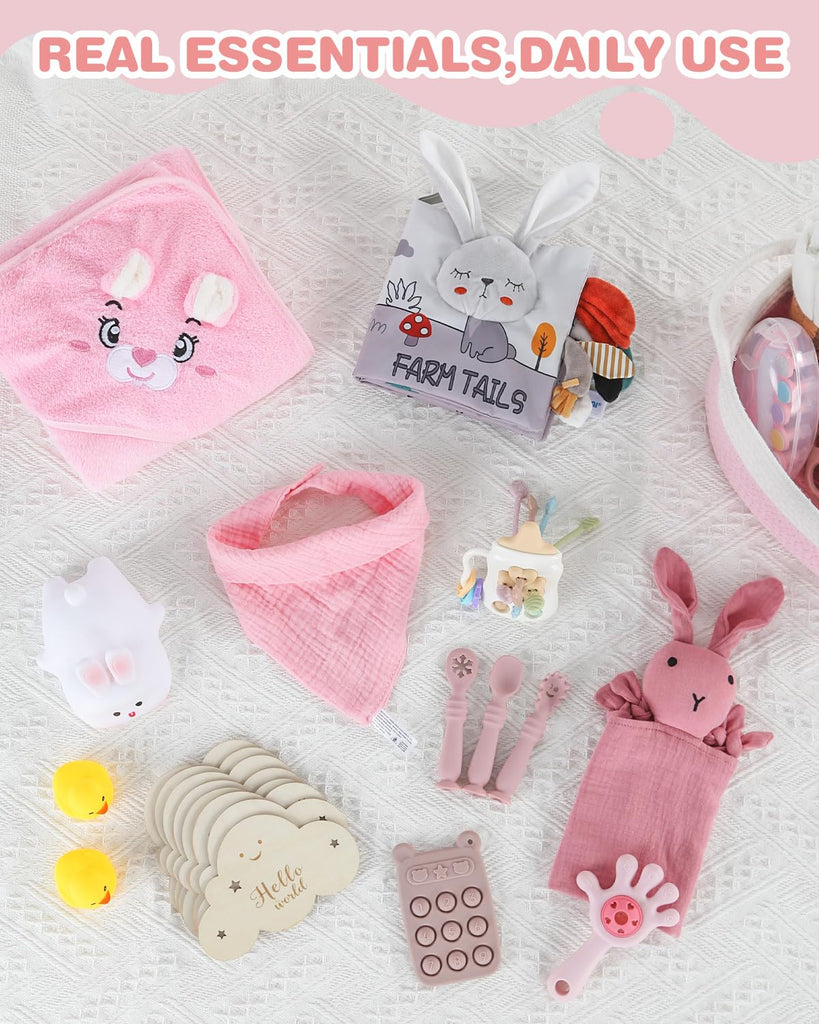 Baby Shower Gifts for Girls, 26 Piece Deluxe Baby Gift Basket - Baby Girl Gift Basket with Bunny Night Light