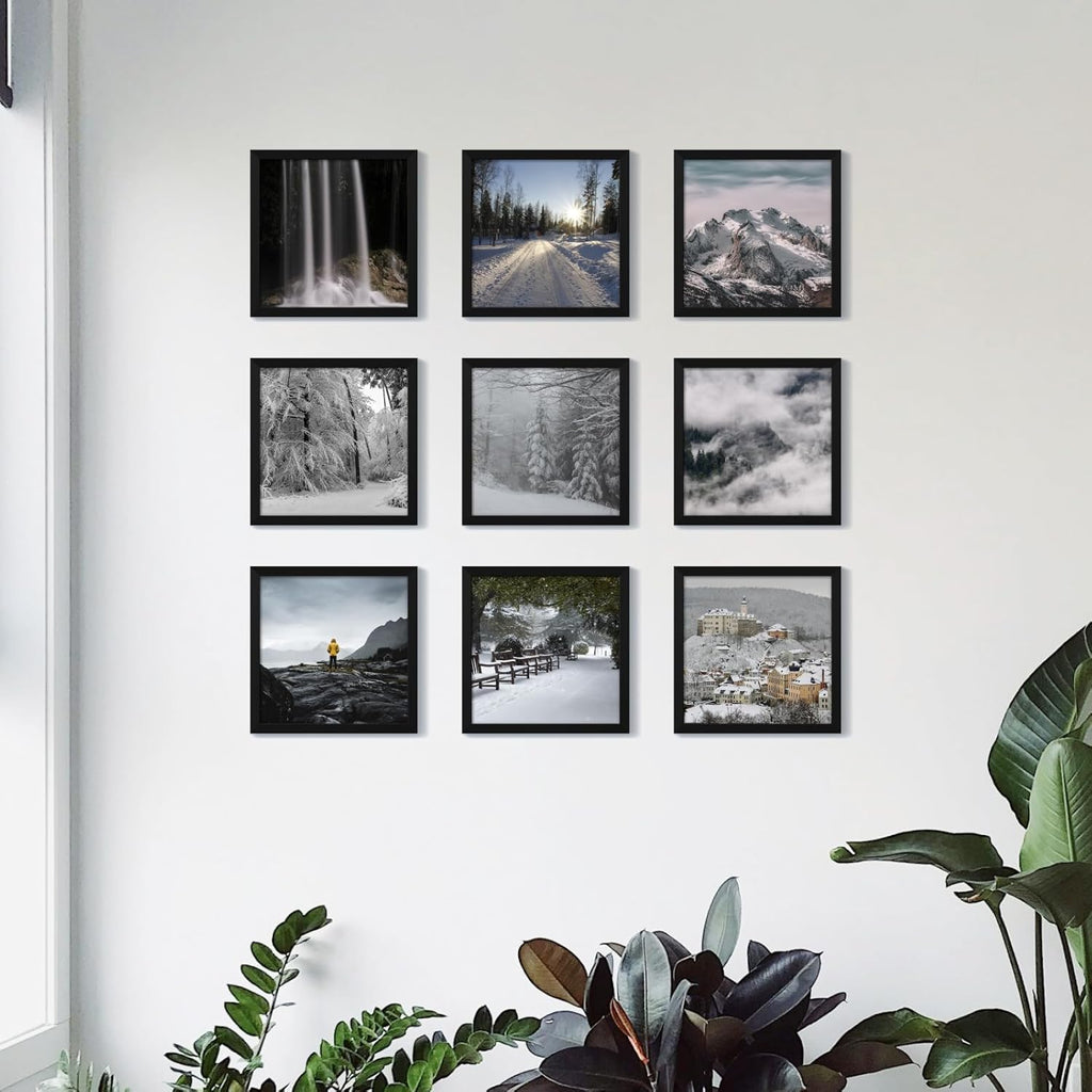 12x12 Picture Frame Set of 9, Photo Gallery Wall Frame Set, Display Pictures 8x8 with Mat or 12 x 12 Without Mat