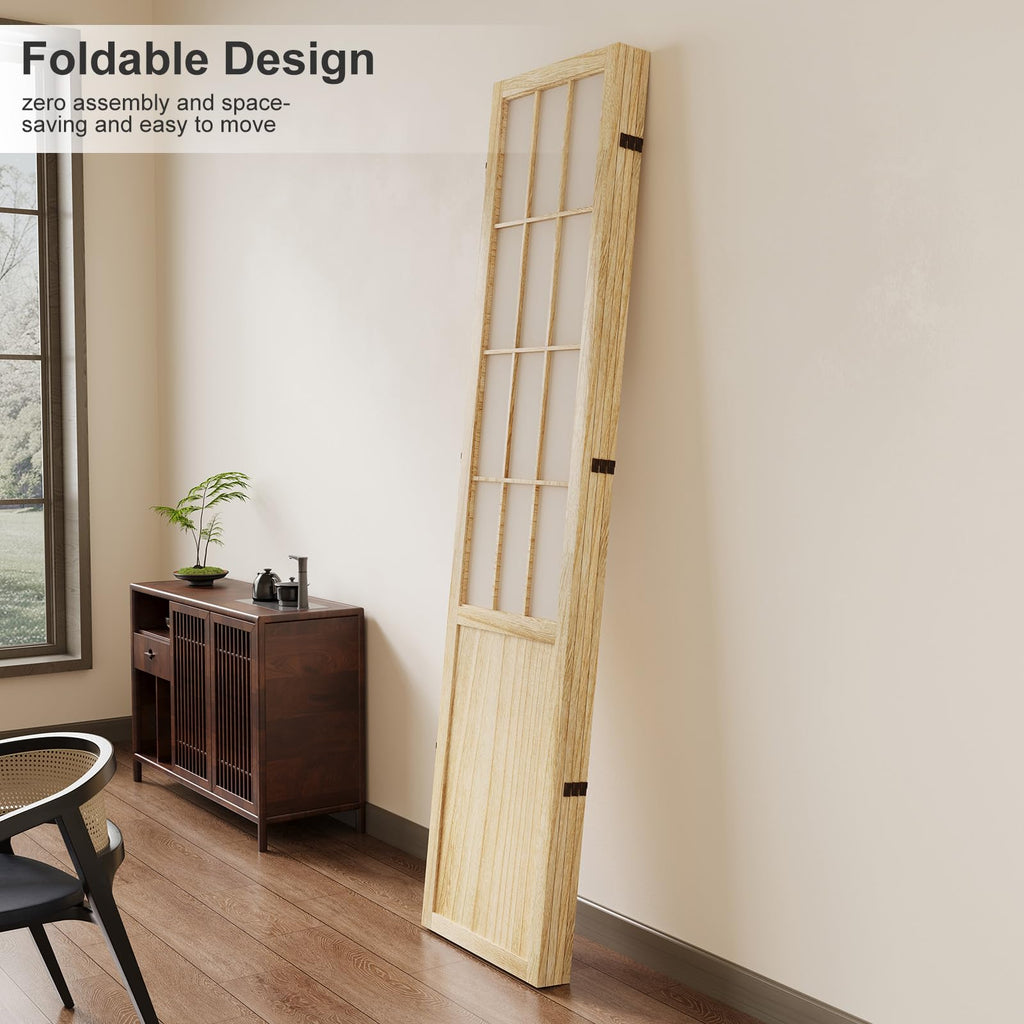 Room Divider, 66.9Inch Tall Japanese Shoji Style Folding Wood Screen with Double Hinges Bedroom Hotel Decoration