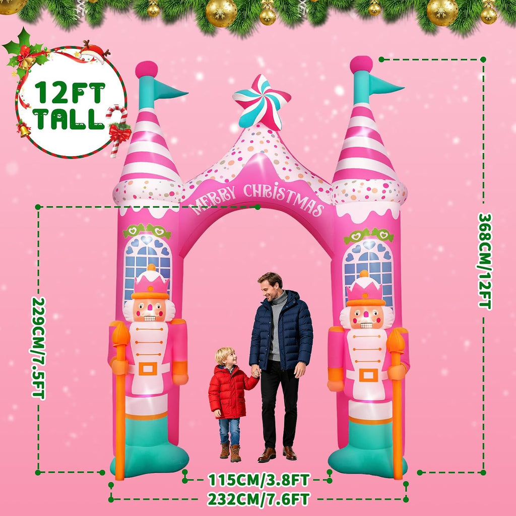 12 FT Giant Christmas Archway Inflatables Nutcracker with LED Lights, Pink Xmas Arch Inflatable Stereoscopic Blow up