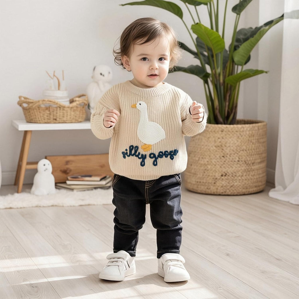 Toddler Baby Boy Girl Knit Sweater Silly Goose Embroidery Long Sleeve Knitted Sweatshirt Warm Fall Winter Clothes