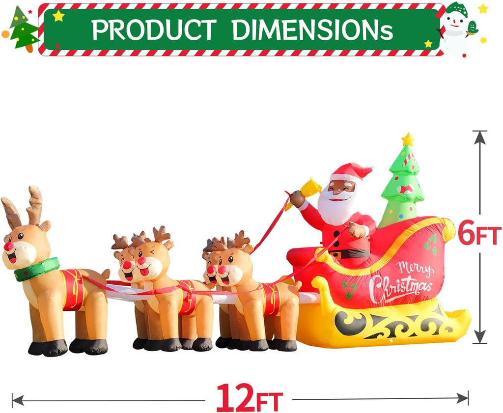 12FT Christmas Inflatables Black Santa Sleigh, Black Santa Claus on Sleigh with Five Reindeers Blow up Giant Yard