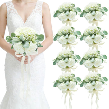 Artificial Bridesmaid Bouquets Set of 8 - Ivory White 9 Inch Various Flower Bouquet for Wedding Party Ceremony