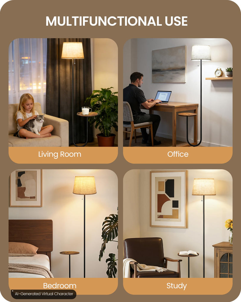 Floor Lamp with Side Table, Standing Lamp with Tray, Pull-Chain Switch, 3 Color Temperatures, 9W LED Bulb Included