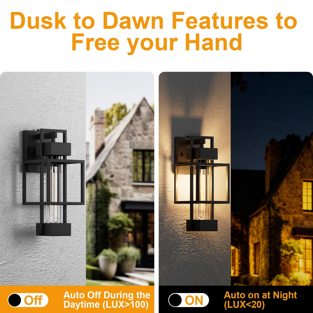 2 Pack Dusk to Dawn Outdoor Exterior Lighting Fixtures Wall Mount, 15'' Dimmable Porch Lights for Outside, Waterproof