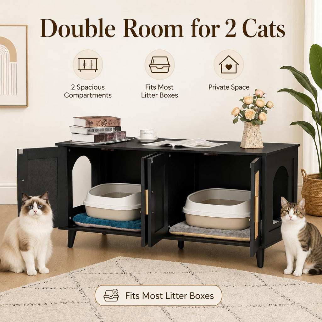 Boho Cat Litter Box Enclosure for 2 Cats, Black and Natural