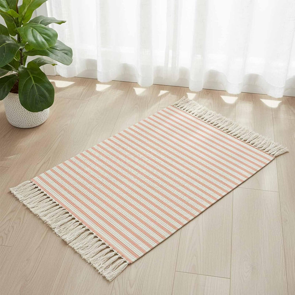Minimalist Peach Pink Striped Runner Rug with Tassel Modern Art Vertical Line Print Entryway Rugs Washable