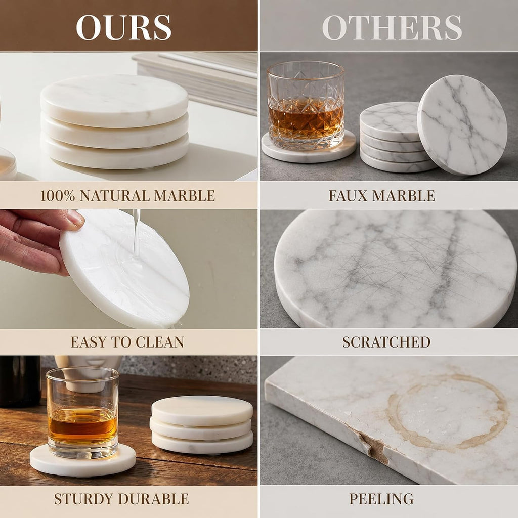 Marble Coasters, 4-inch Round Natural Stone Drink Coasters with Non-Slip Backing, Heat Resistant Coaster - Set of 4