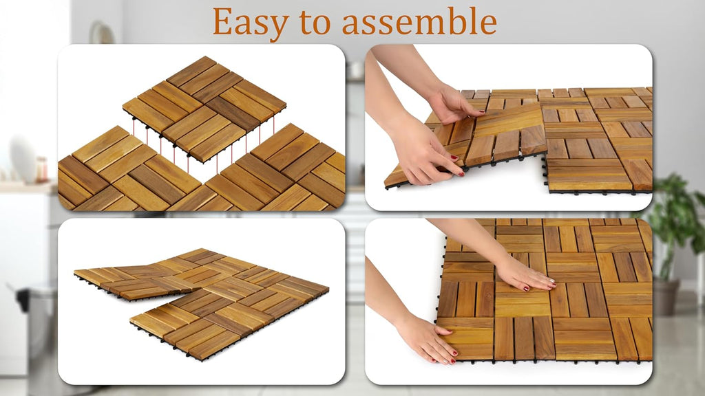Pack of 10 Deck Tiles - 12"x12" Interlocking Natural Solid Acacia Wood for Outdoor & Indoor, Patio Garden, Balcony