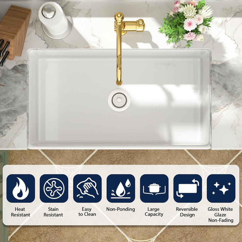 33 Inch White Fireclay Farmhouse Sink with Pop-up Drain | Reversible Farm Sink 33x18x10 Durable Ceramic Apron Front