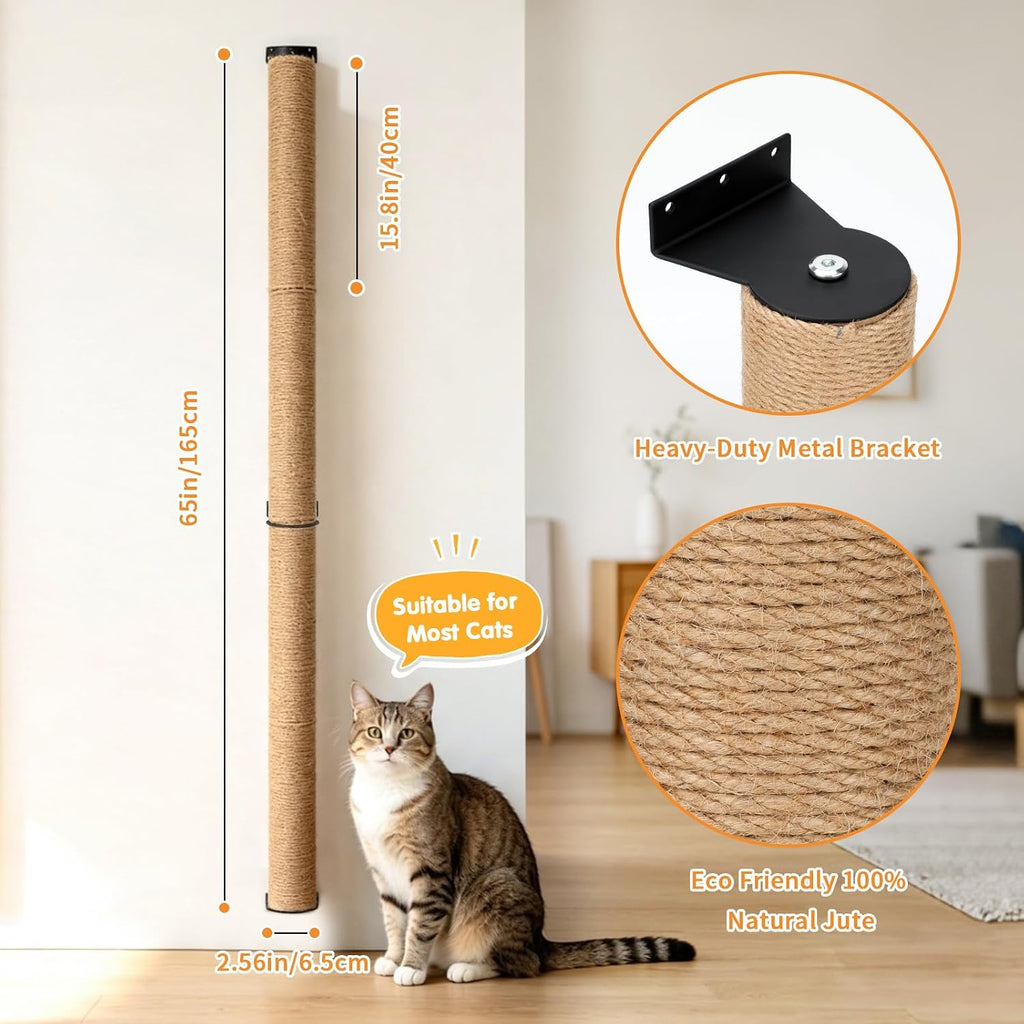 65" Wall Mounted Cat Scratching Post, Adjustable Jute Cat Wall Scratcher