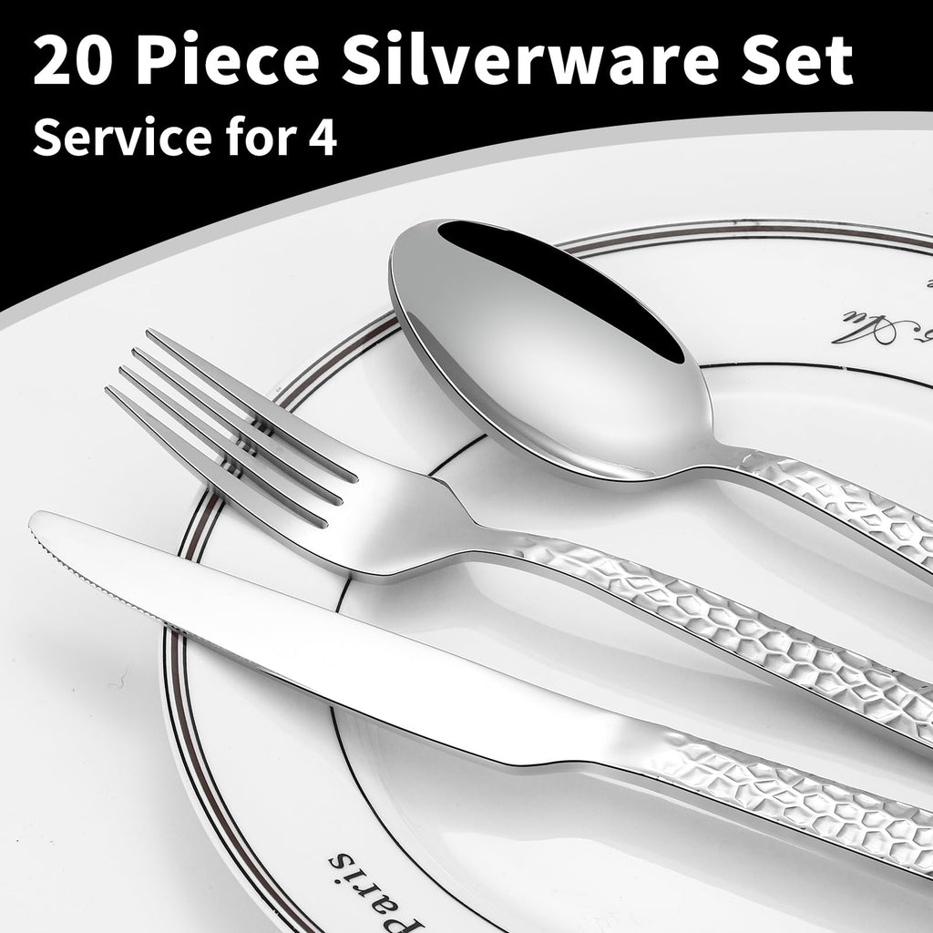 Silverware Set, Hammered Stainless Steel Flatware Set for 4, Kitchen Utensil Cutlery Set Include Forks