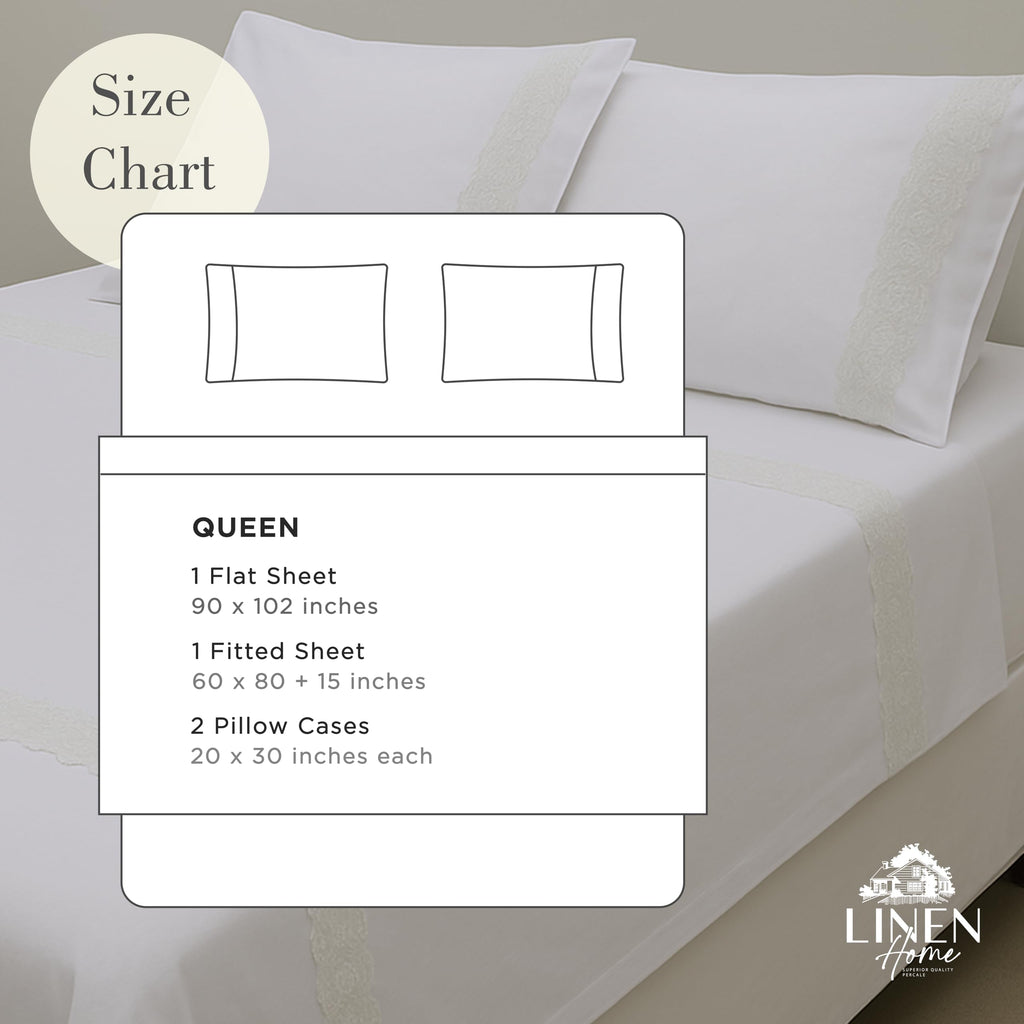Home 100% Cotton Percale Floral Scallop Lace Sheets, Queen Size, White, Deep Pocket, 4 Pieces Set - 1 Flat, 1 Deep