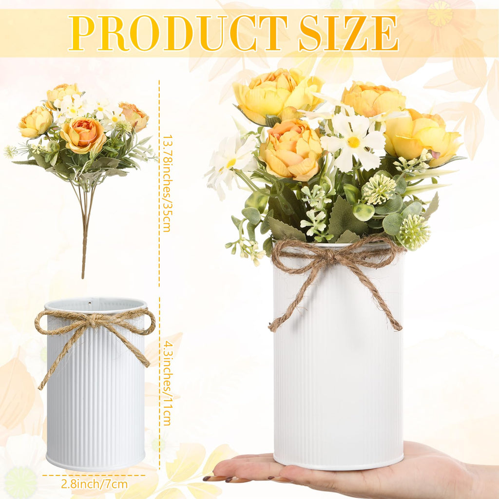 6 Sets Wedding Centerpiece for Table Decoration Yellow Artificial Fake Rose Flower with Metal Vase Faux Silk Rose