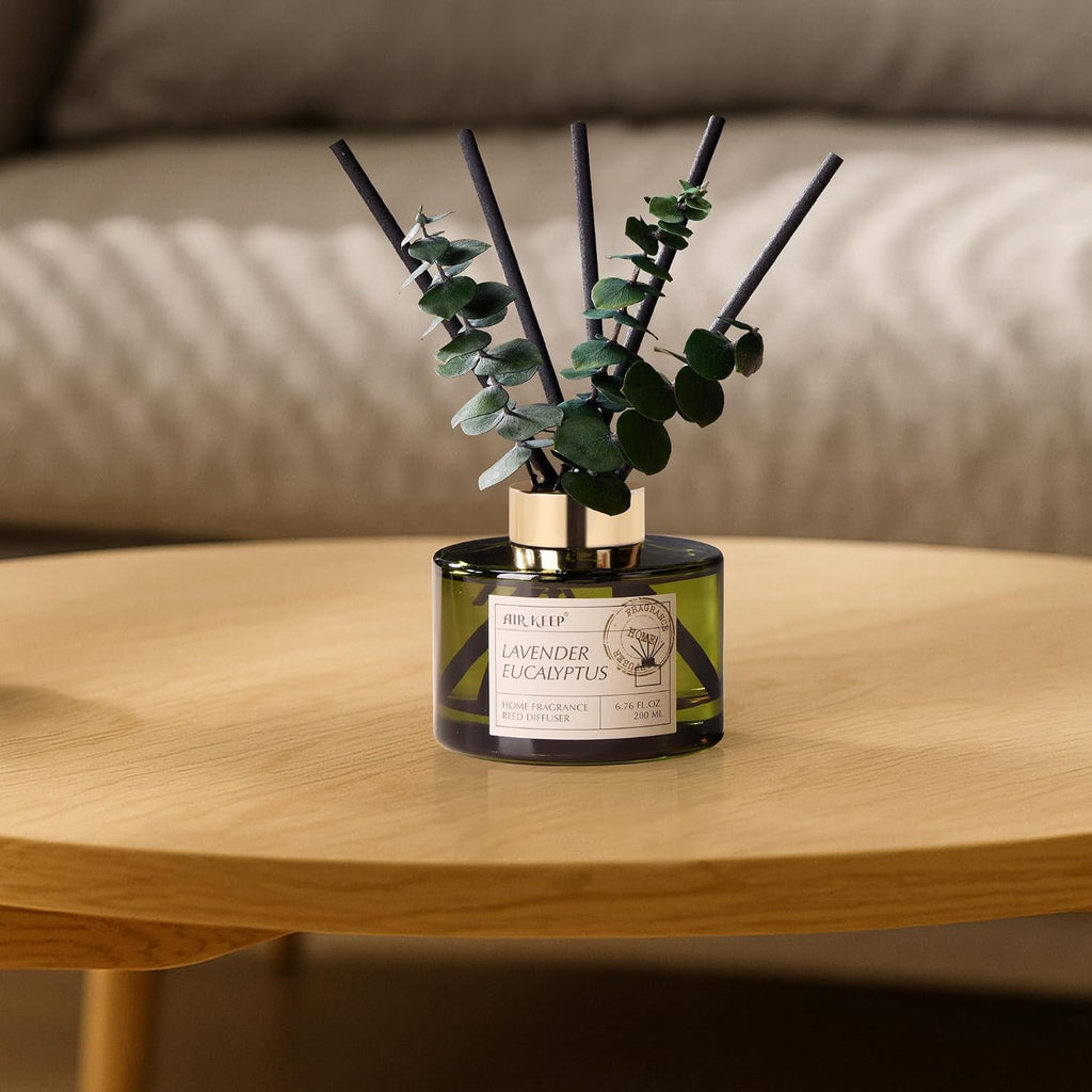 Reed Diffuser Set with 6.76 fl oz Lavender Eucalyptus Scent Essential Oils and 3 Leaves & 8 Diffuser Sticks,Bathroom