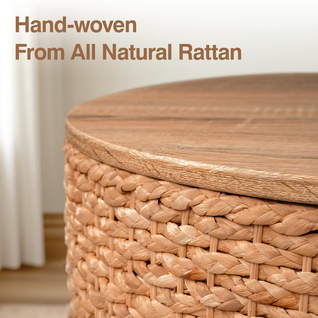Round Nesting Coffee Table Set of 2 with Storage - Handwoven Wicker Rattan Ottoman Style, Boho Coastal Coffee Tables