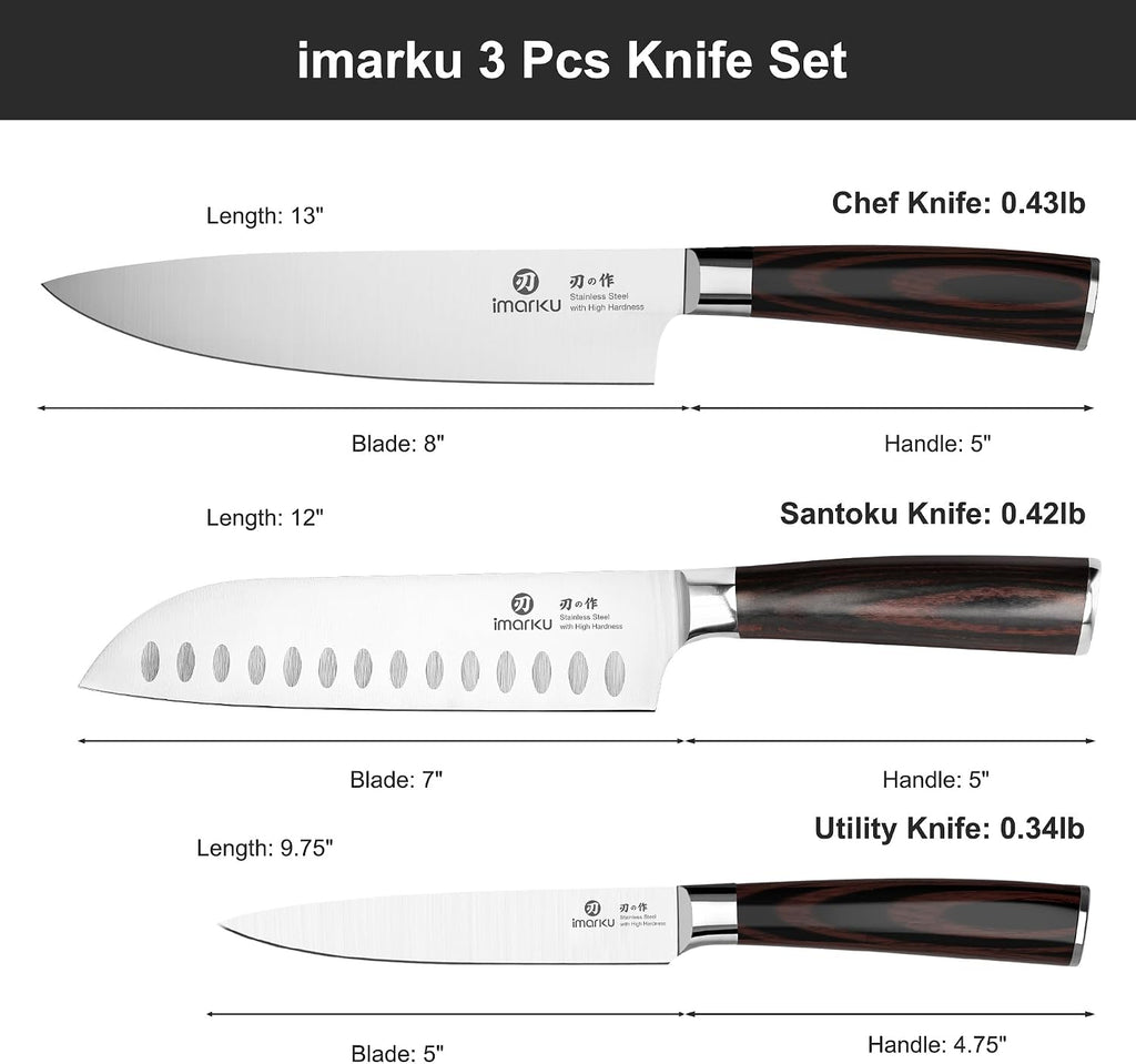 3 Pieces Knife Set, Japanese High Carbon Stainless Steel Chef Knives | Professional 3 Pcs Chef Knife Set with