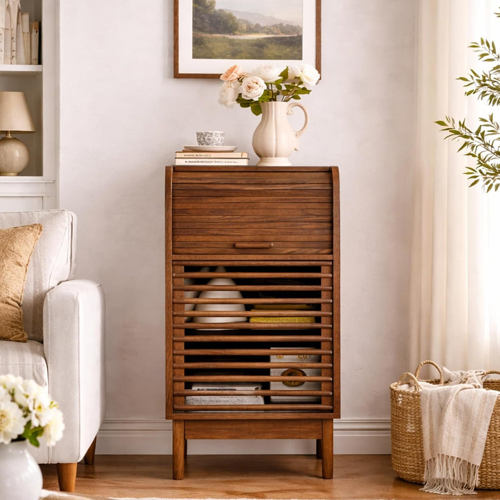 Modern Single-Door Accent Cabinet with Curved Roll-Top and Slatted Door Design, Tall Narrow Storage Cabinet , or Home