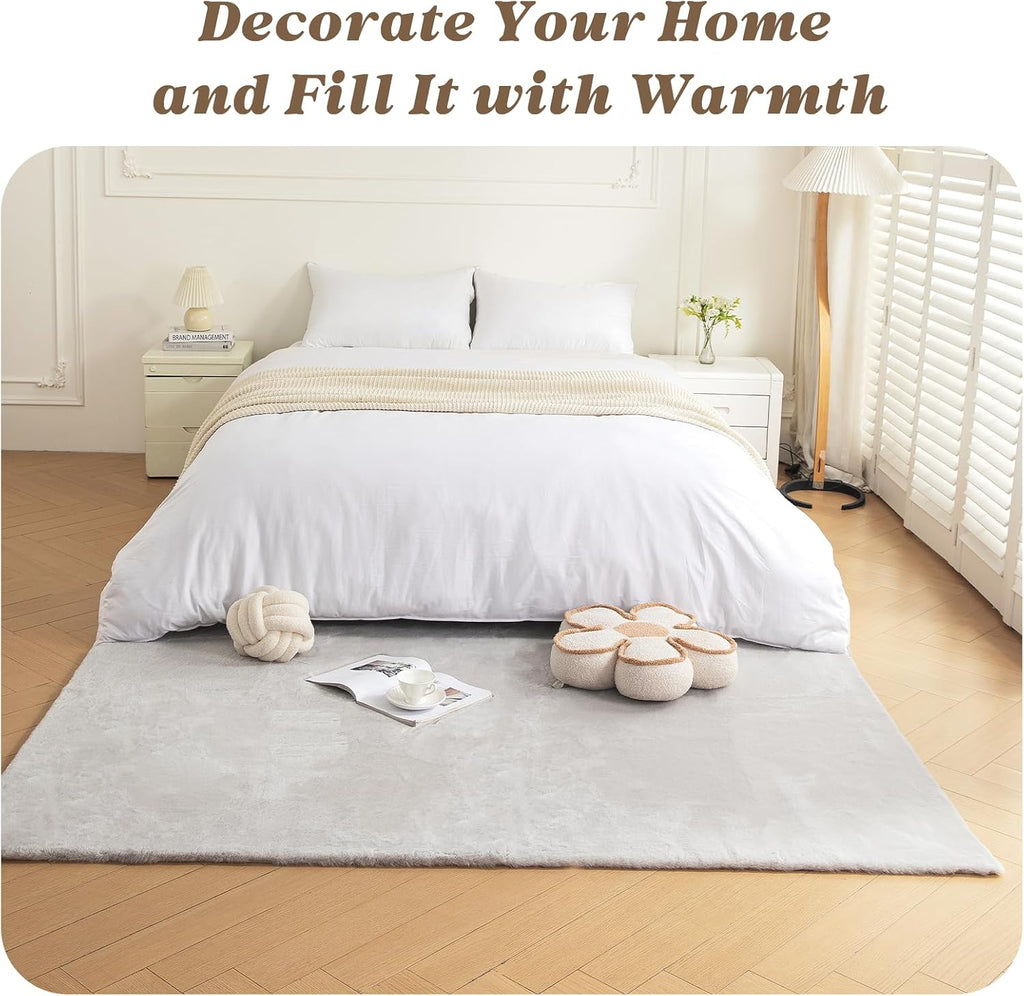 Fluffy Faux Rabbit Fur Rug, Cloud-Soft Rugs, Non-Slip No-Shed Area Rug, Machine Washable Rug, Grey