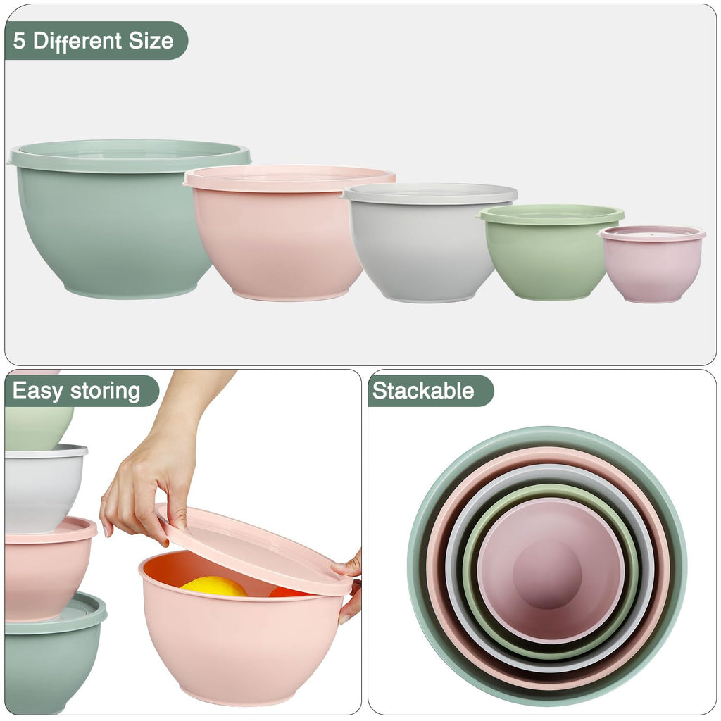 Plastic Mixing Bowls with Lids Set, 5 Set Nesting Bowls for Mixing, Baking, Prepping, Cooking and Serving Food