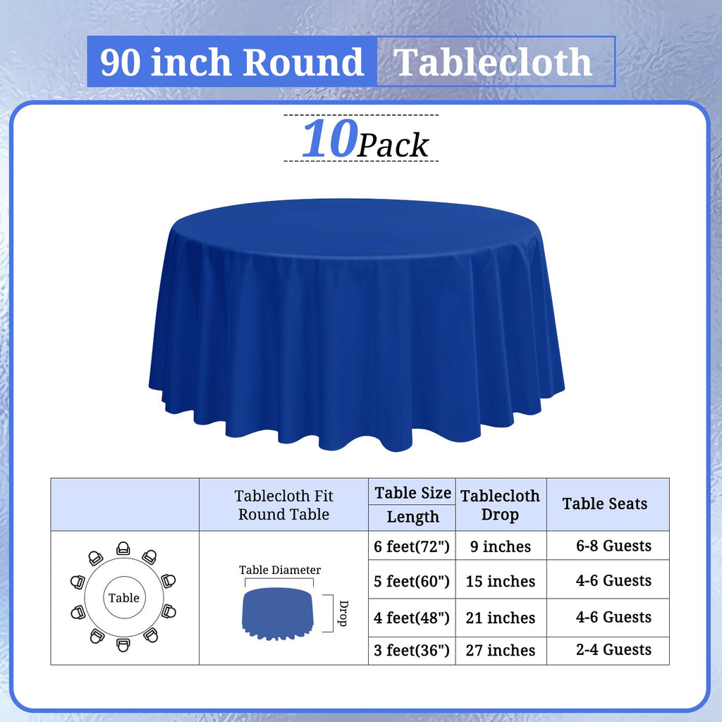 10 Packs 90 Inch Royal Blue Round Polyester Tablecloths
