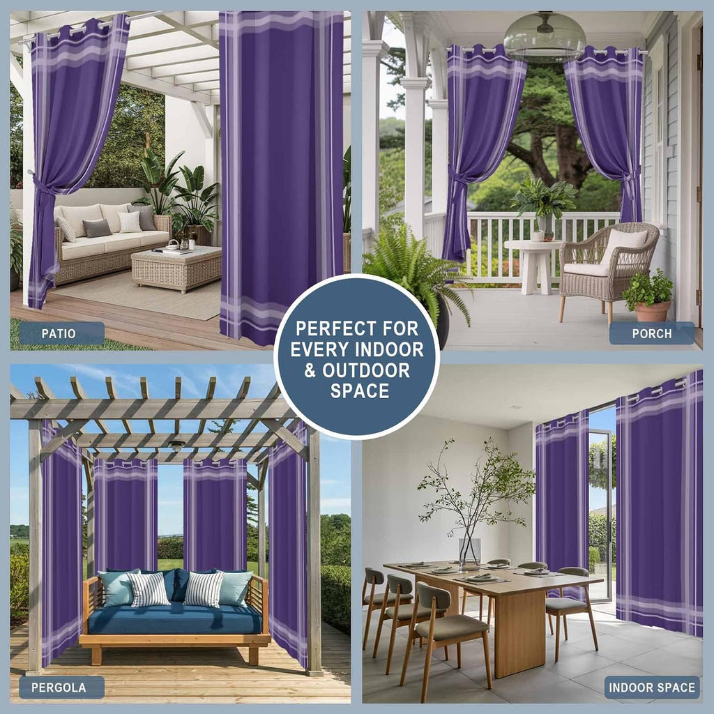 Minimalist Grid 2 Panels Outdoor Curtains , Rustic Modern Purple Stripe Curtains 54x84 inches Grommets Waterproof