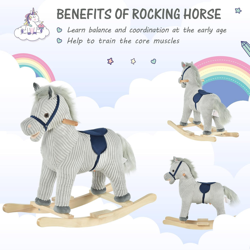 Kids Rocking Horse for Toddler 3-5 Plush with Realistic Sounds Gray