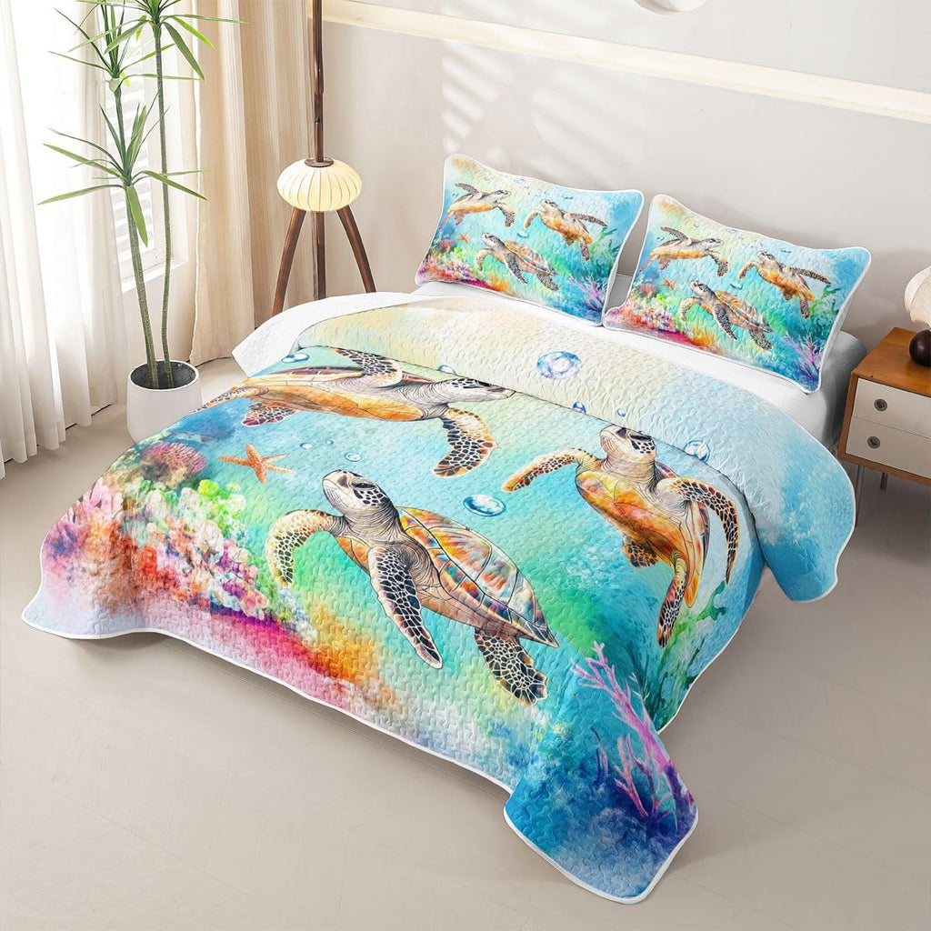 Sea Turtle Coastal Beach Quilts for Bed