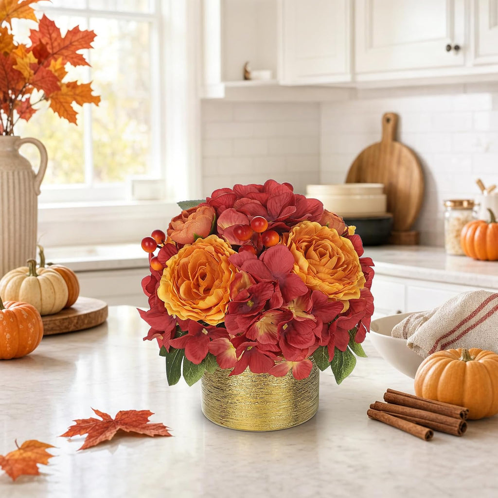 Fall Rose Hydrangeas Artificial Flowers with Golden Pot Decor