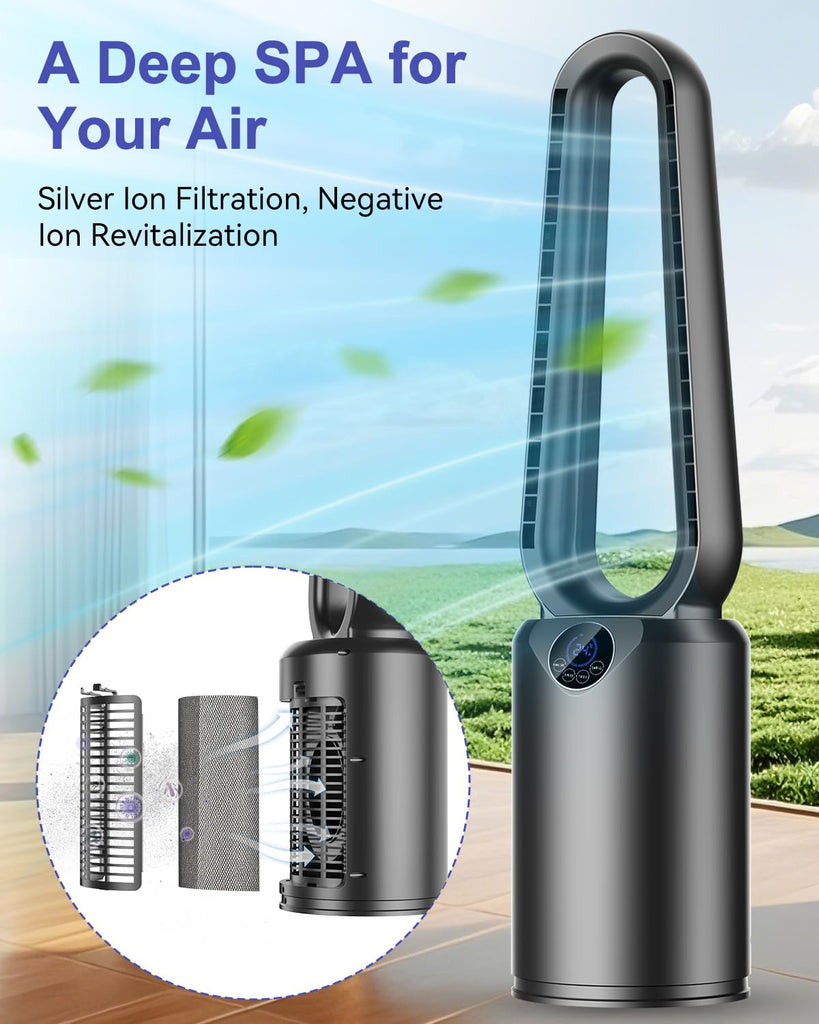 Bladeless Tower Fan with Powerful Airflow, Ultra-Quiet DC Motor (22 dB), 8 Speed Levels & 4 Modes, Remote Control
