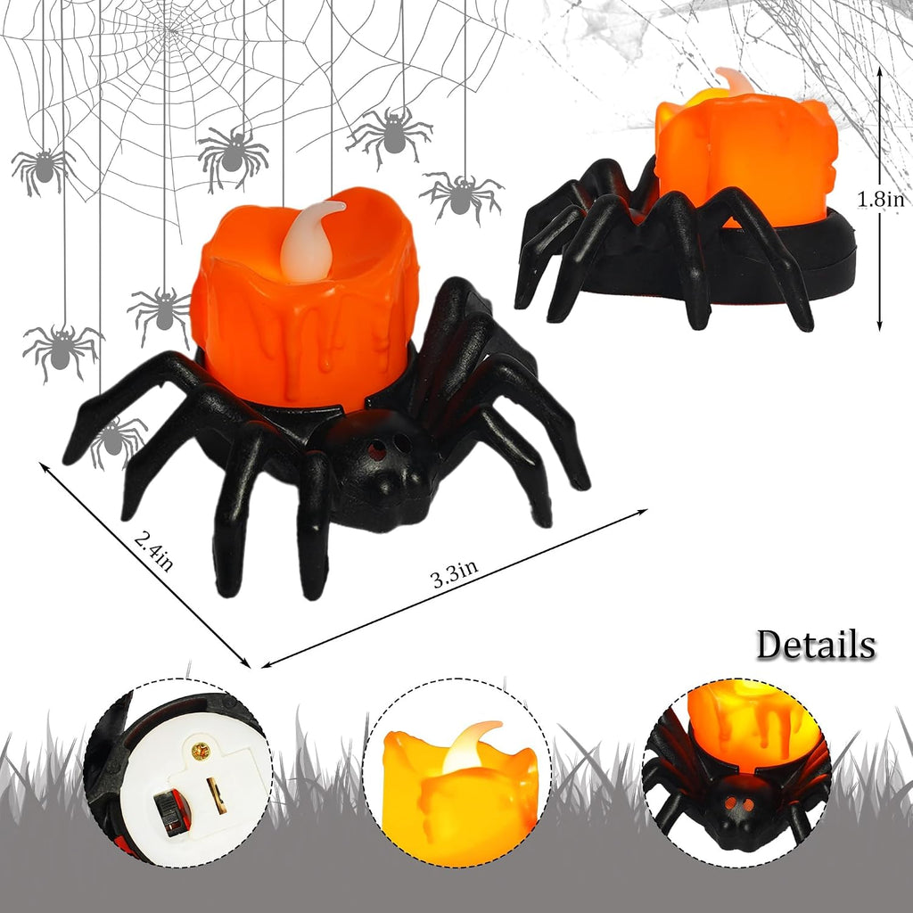 Halloween Spider Tea Lights Candles, Battery Operated LED Flameless Spider Candles Holder Lights, Spooky - Set of 12