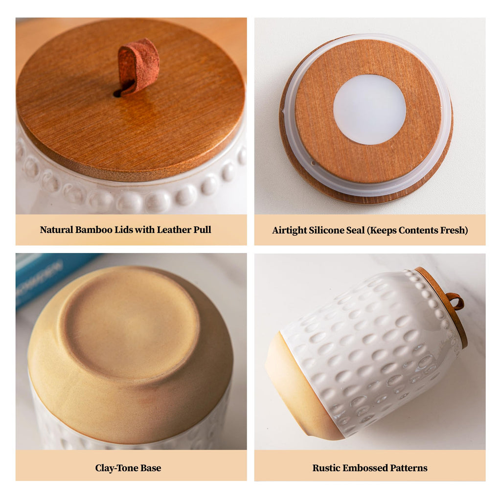 Ceramic Canister Set, 3-Piece White Jars with Bamboo Lids