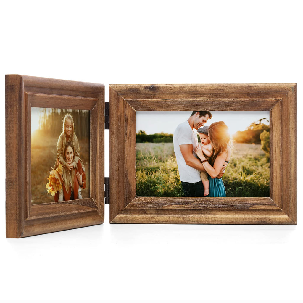 Horizontal 4X6 Picture Frames Double Hinged Wood Folding Photo Frames with Real Glass Front Fit for Desktop or