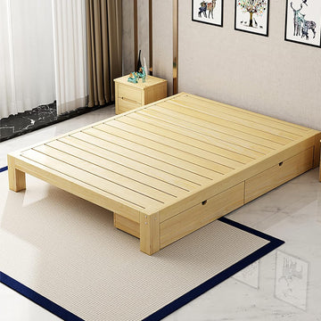 Scandinavian Japanese Bed Frame - Solid Wood Platform With Storage Drawer, 12" Tall Natural Wooden Floor Bed (39.5" W
