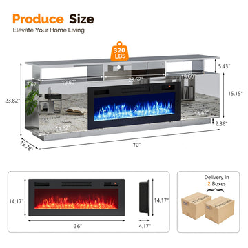 70" Silver Mirrored Fireplace TV Stand with Storage for TV up to 80"
