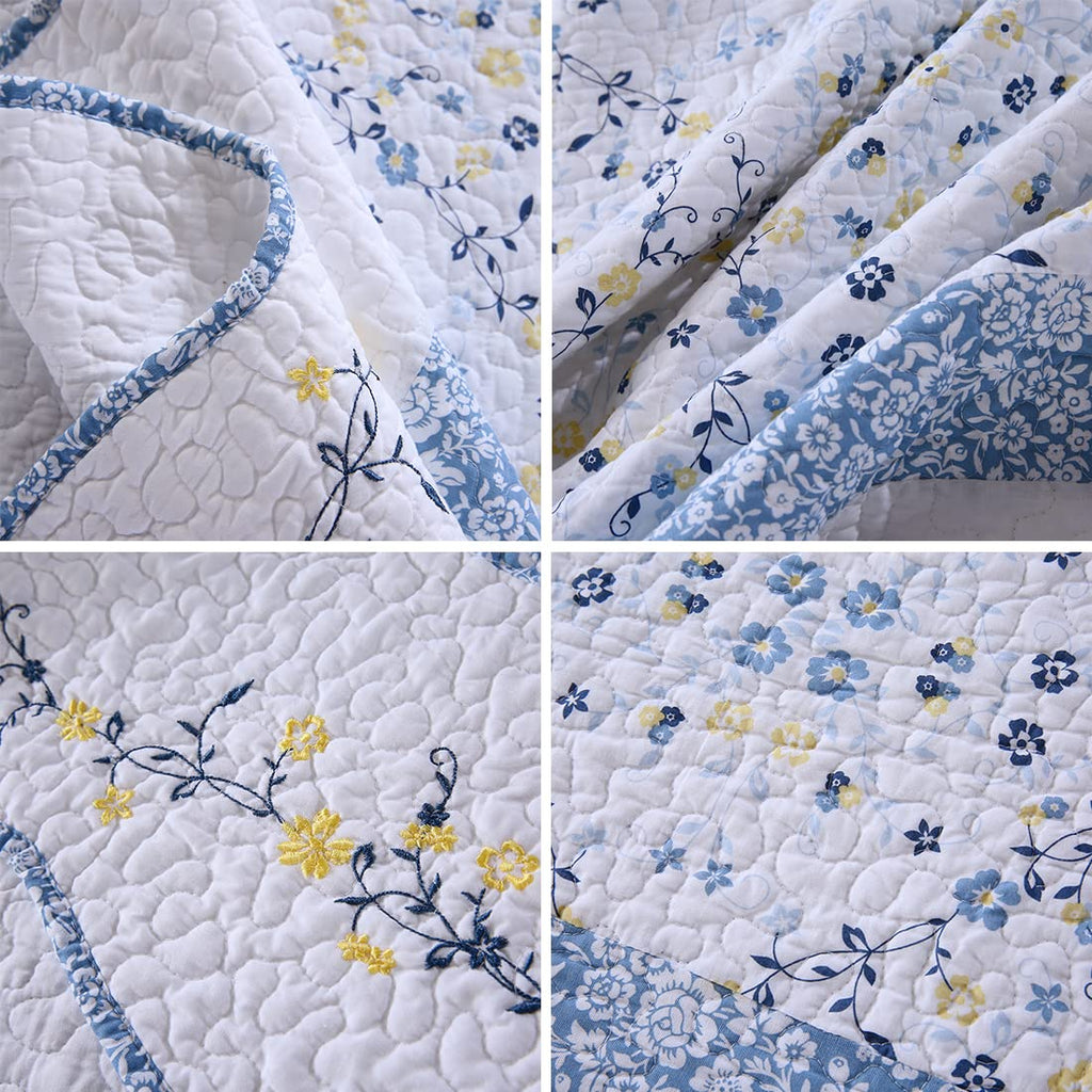 3 Pieces Cotton Quilted Embroidered Bedspread Set Oversized Lightweight Reversible Coverlet Comforter Soft Warm