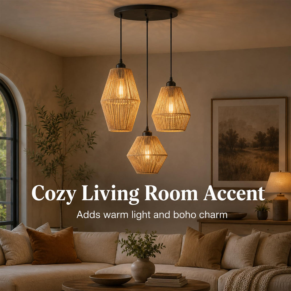 3-Light Rattan Pendant Light, Hand Woven Boho Chandelier, Wicker Pendant Light Fixture, Kitchen Dining Room Chandelier
