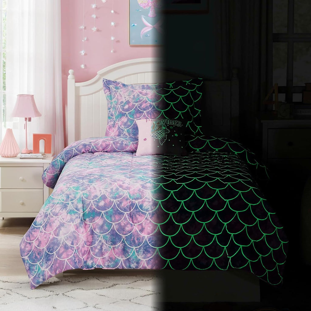 Twin Comforter Set for Girls-3 Pieces Mermaid Glow in the Dark Twin Bedding Sets for Kids, 1 Comforter, 1 Sham and 1