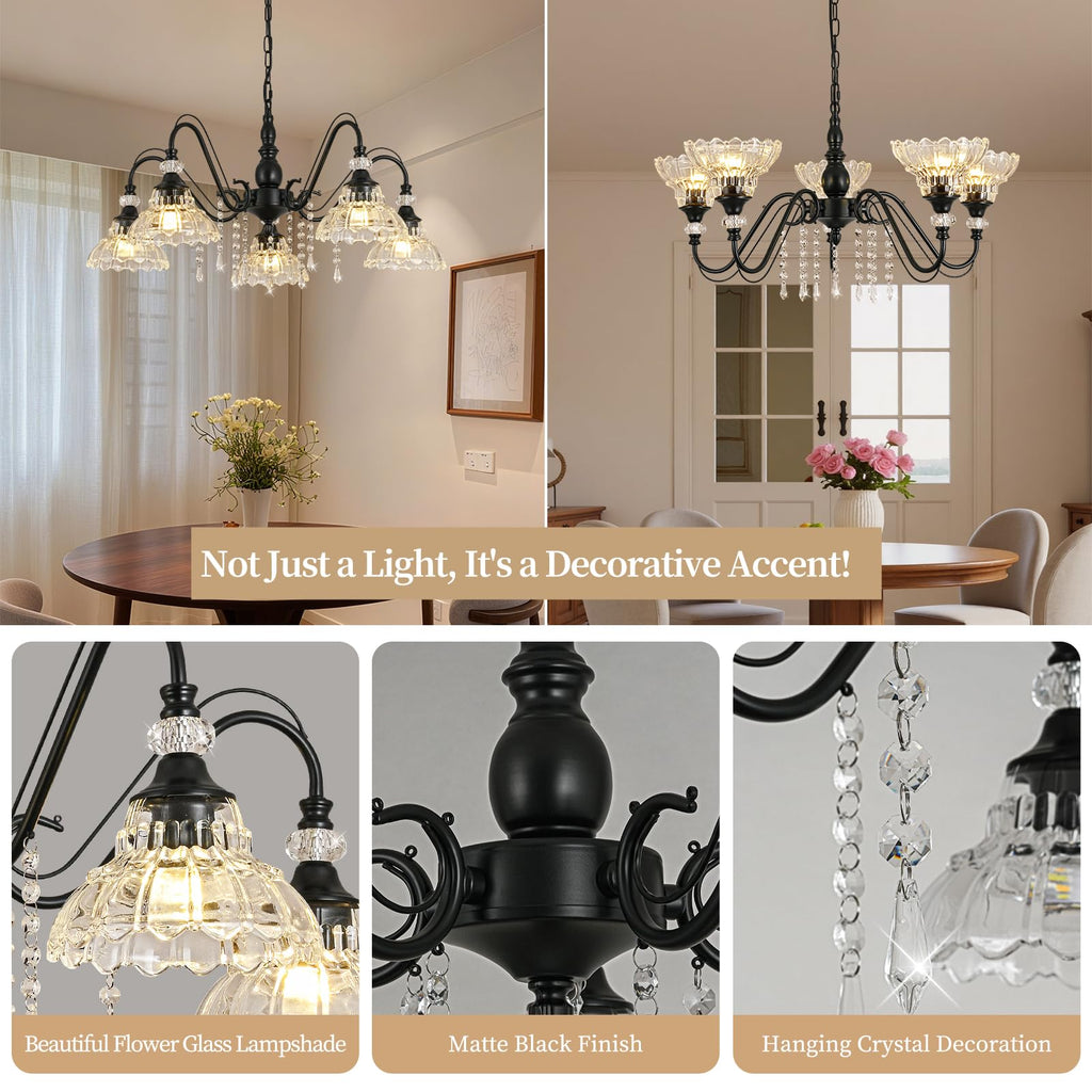 5-Light Chandelier in Matte Black Finish with Flower-Shaped Glass Shades and Hanging Crystal Accents, Farmhouse