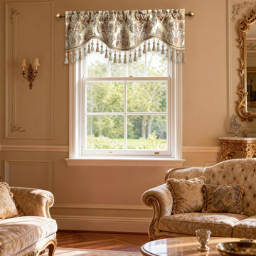 Damask Window Valance with Tassel Trim, Ivory, 52 x 14, 1 Panel