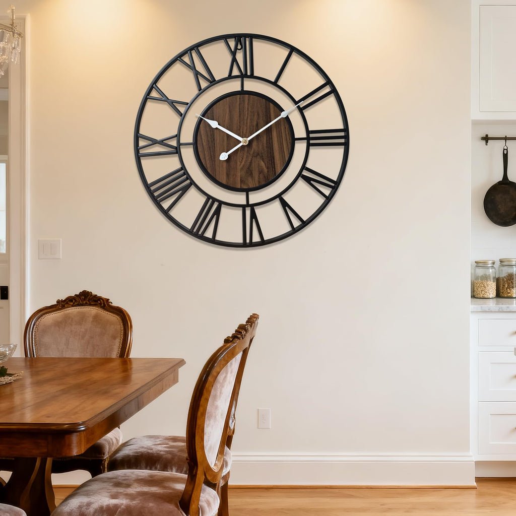 Large Metal Wall Clock, 30 Inch Retro Decorative Silent, Non Ticking, Battery Operated Modern Big Wood Wall Clock