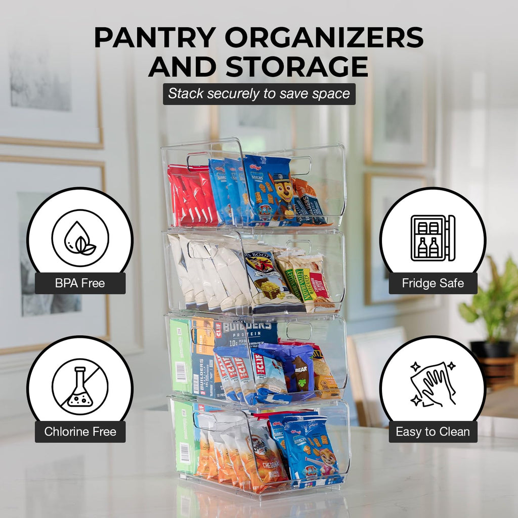 Stackable Storage Bins, Front Pantry Organizer, Medium, 4 Pack