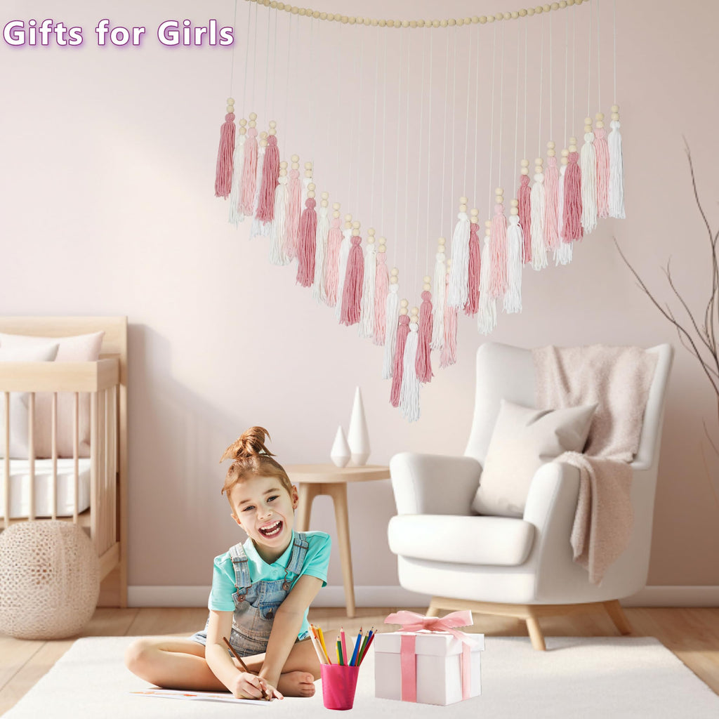 Pink&White Large Macrame Wall Haning Boho Decor, Blush Pink Tassel Wall Decor Bohemian, Pink Bedroom Living Room Girls