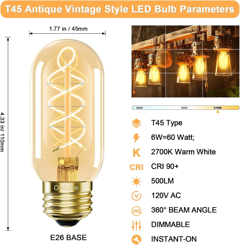 E26 LED Bulb 6W Equivalent 60 watt, Vintage Edison Bulbs, Warm White 2700K Amber E26 Edison Bulb dimmable,Tubular T14