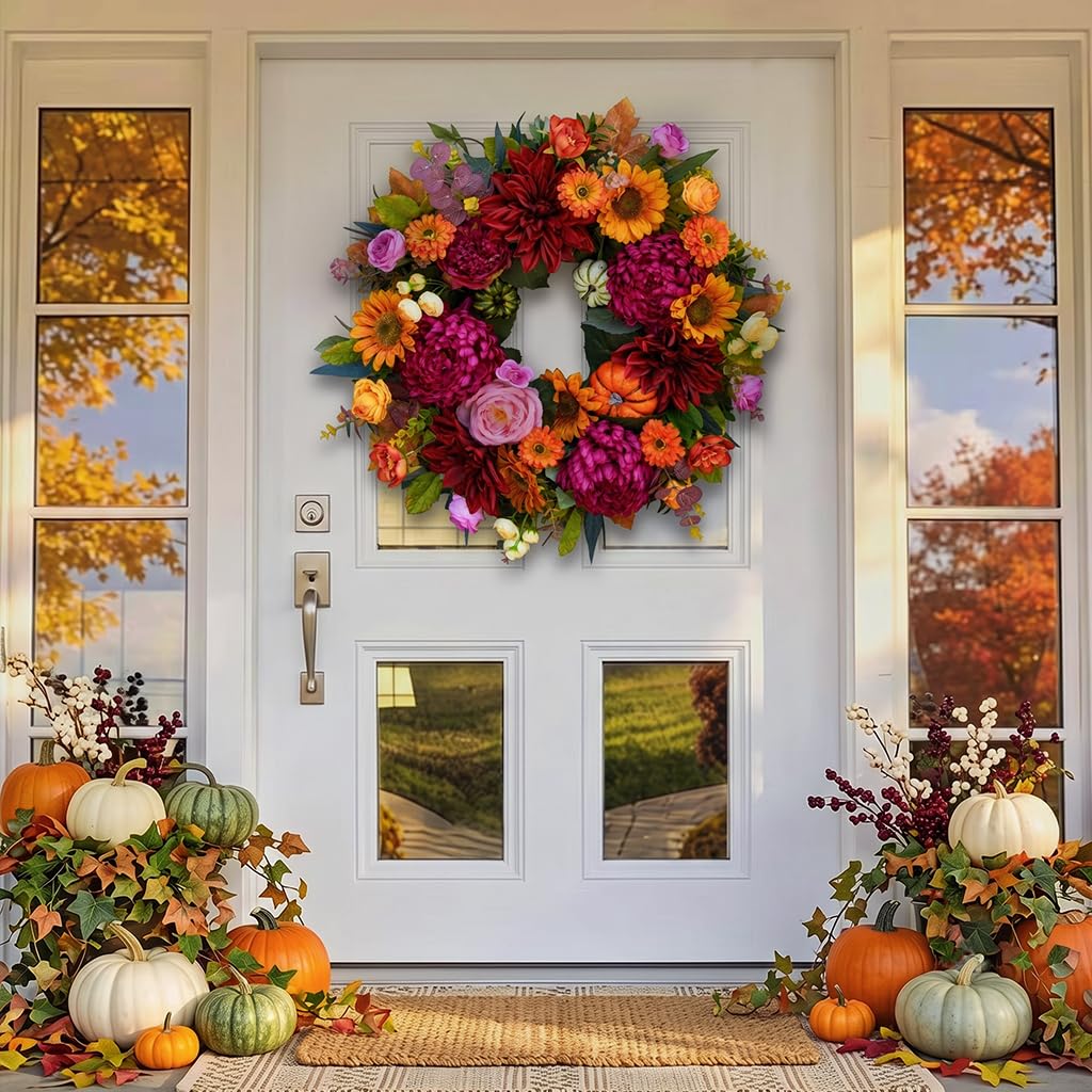 24 Inch Fall Wreath for Front Door, Artificial Harvest Fall Wreath