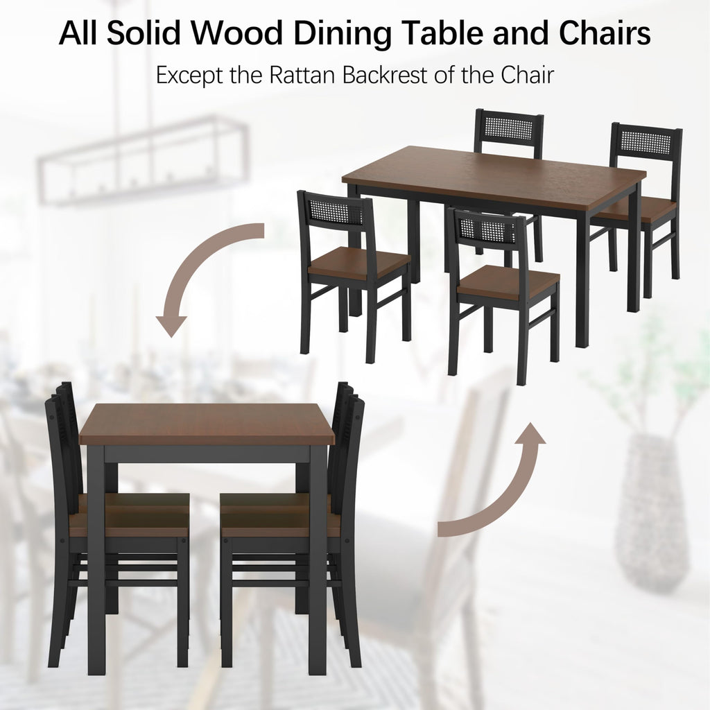 Dining Table Set for 4, Solid Wood Kitchen Table Chairs Set of 4, 43.3" Space-Saving Mid Century Modern Dining Room